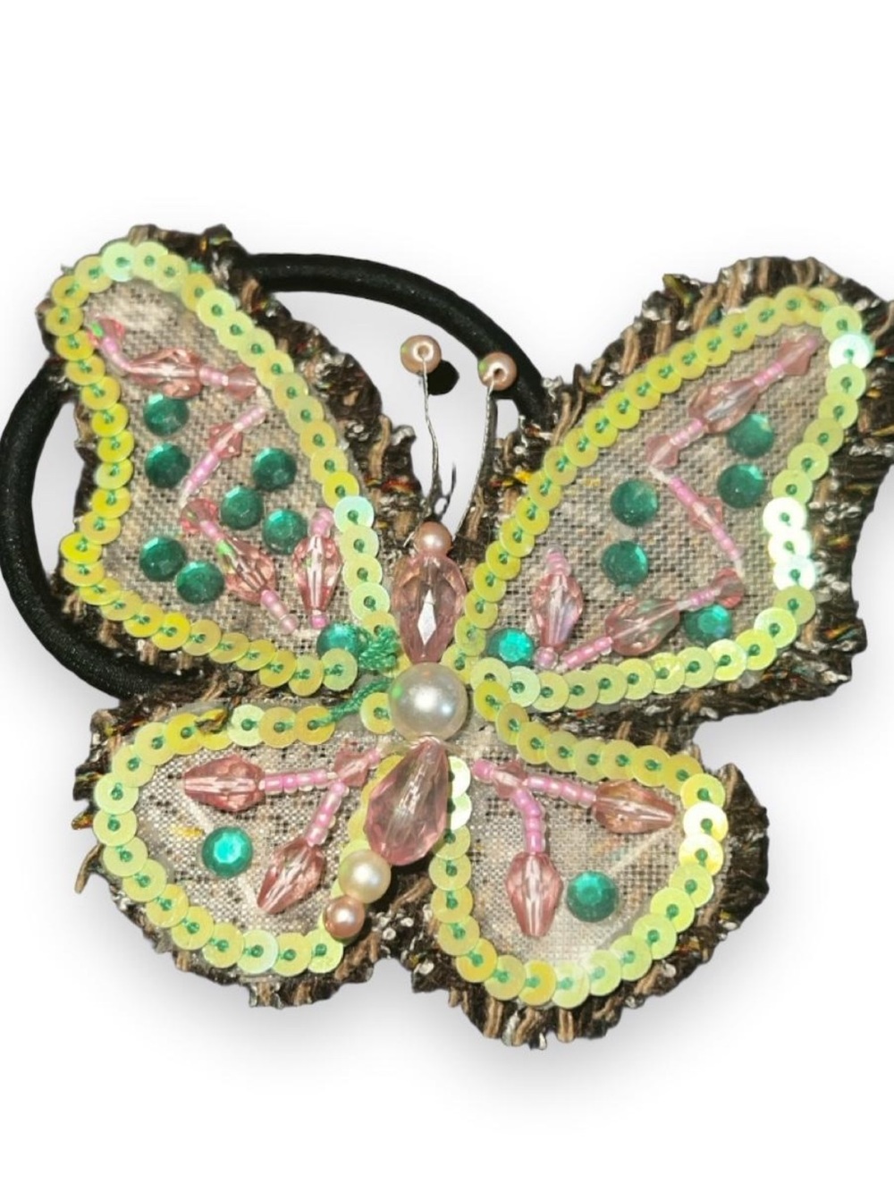 Sequin Beaded Butterfly Hair Tie in Yellow, Pink & Green
